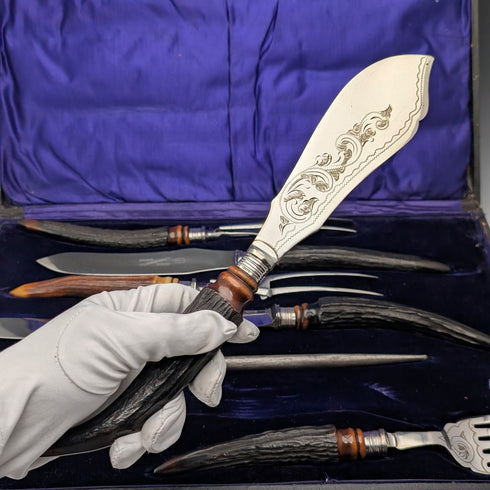 1898年 英国アンティーク アントラーハンドル サービングカトラリー7点セット ケース入 William Beatson & Sons